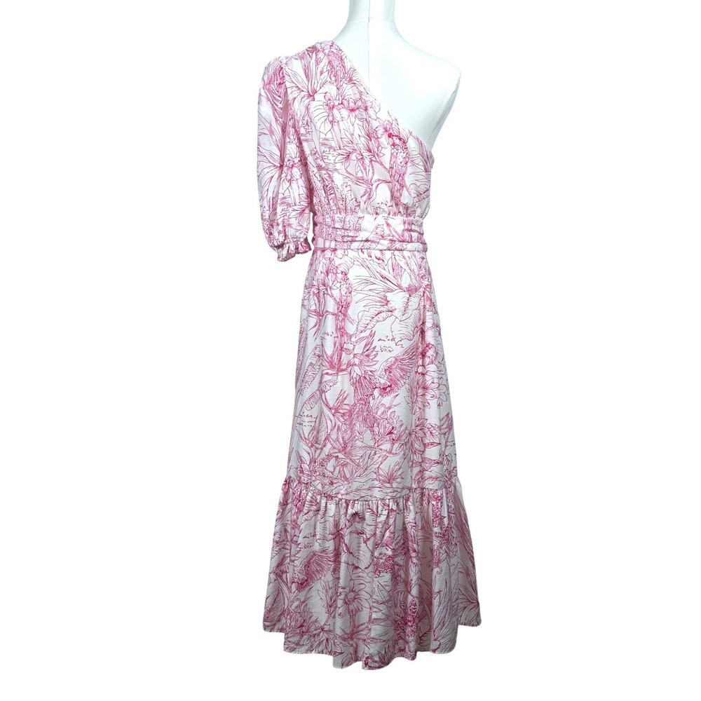 Express One Shoulder Midi Dress Womens Medium Pink White Tropical Floral Ruffle - Picture 4 of 9